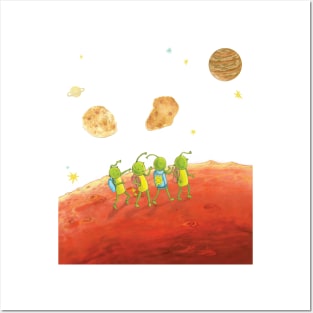 Four Little Martians under Mars moons Phobos and Deimos Posters and Art